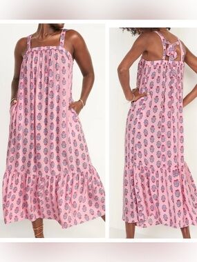 Old Navy Midi Dress Womens Size M Pink Floral Tie Back Ruffle Tier Hem Beach